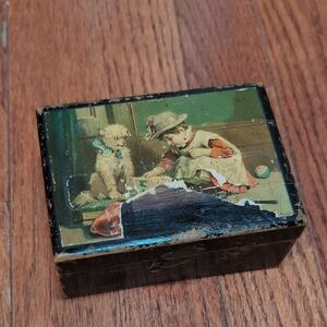 Vintage Wooden Box with Child and Dog Illustration 3 1/4" x 4 3/4" x 2 1/4"